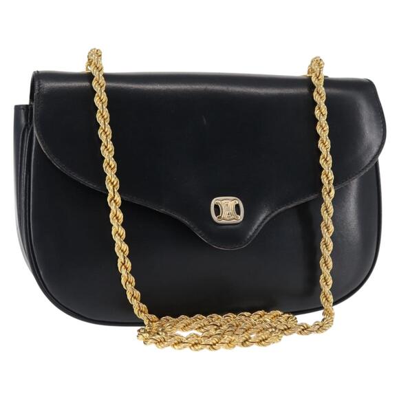 CELINE Chain Shoulder Bag Leather Navy Gold - Picture 1 of 12